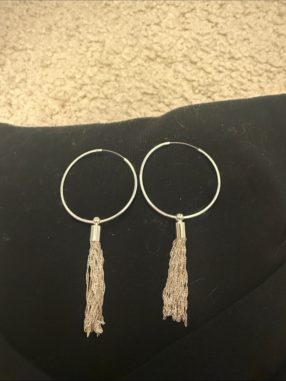 Silver Tone Hoop Earrings with Chain Tassel